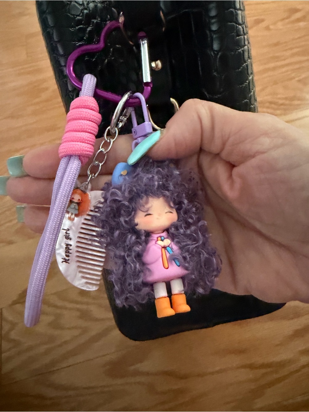 Source Unknown Purple Curly-Hair Doll Keychain with Orange Boots